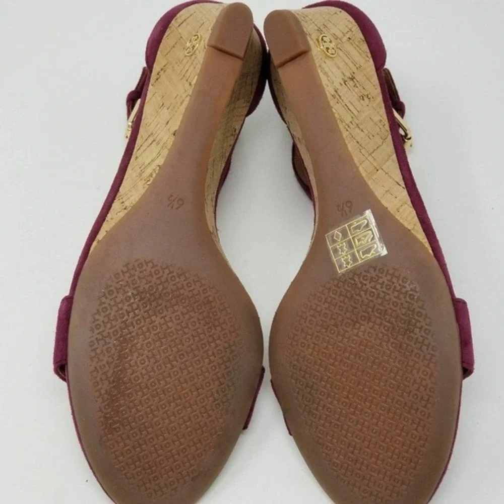 Tory Burch Savannah Cork Wedge Buckle Ankle Open Toe Burgundy Sandals Size 6.5